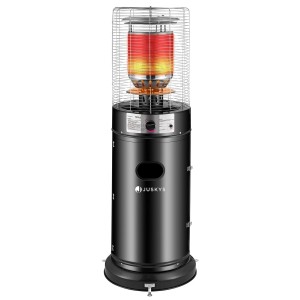 Schwarzer Juskys Gasheizer Cuna mit Schutzgitter und Flamme.