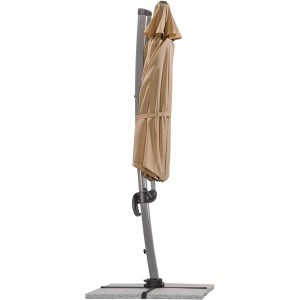 Geschlossener, sandfarbener Schneider Ampelschirm Rhodos Ø 350 cm mit Kurbelmechanik.