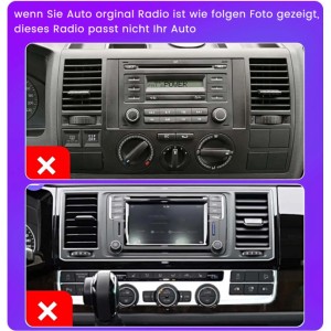 Zwei VW T5 Multivan Armaturenbretter mit Originalradios, beide mit rotem X markiert, zeigen Inkompatibilität für Junsun Autoradio.