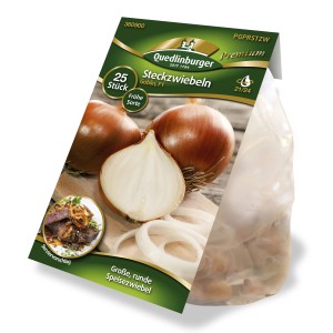 Quedlinburger Steckzwiebel 'Goblin', gelb, späte Sorte im Detail.