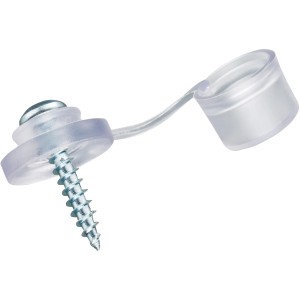 Verzinkte Schraube mit Dichtscheibe und transparenter Abdeckkappe für Wand-Profilplatten.