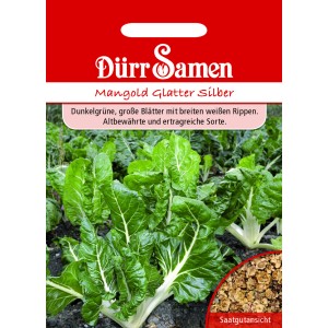 Dürr Samen Mangold Glatter Silber: Saatgut-Packung mit Mangoldpflanze im Beet.