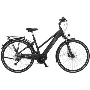 Graues Fischer E-Bike Damen Viator 4.0i mit Gepäckträger und integriertem Akku.