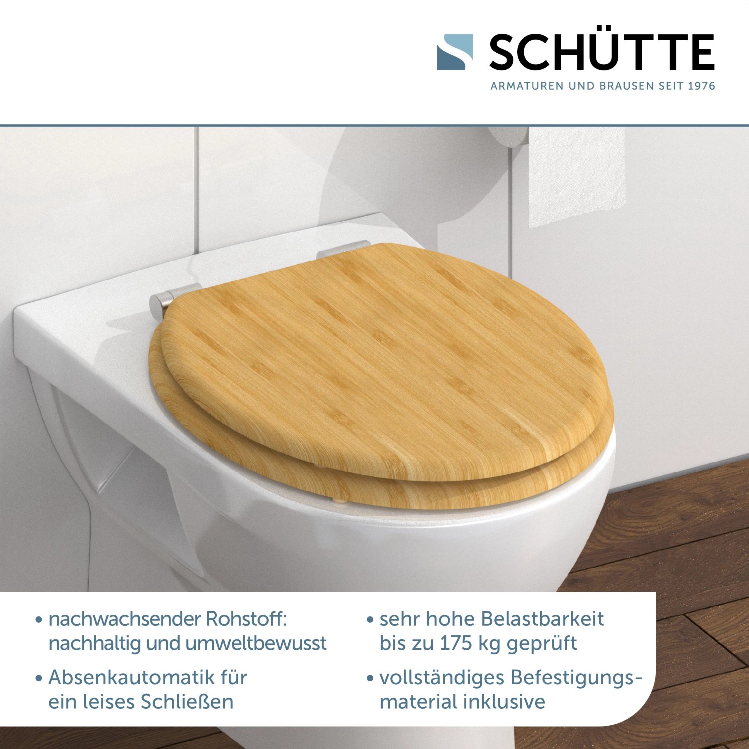 Schütte WC-Sitz aus Bambus mit Absenkautomatik auf einer Toilette.