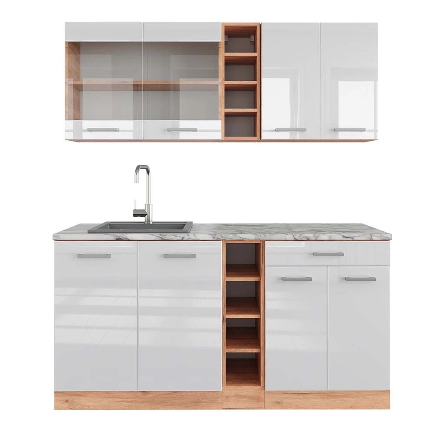 Vicco R-Line Singleküche Weiß Hochglanz/Goldkraft Eiche 160 cm AP Marmor günstig online kaufen