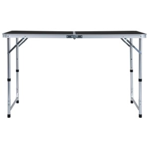 Klappbarer, grauer Campingtisch aus Aluminium, 120x60 cm, höhenverstellbar.