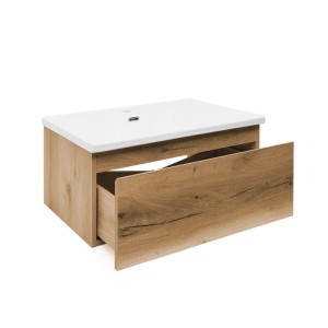 Hängender Waschbeckenunterschrank Eiche matt, 59x30x45cm, mit Keramik-Waschbecken, Schublade offen.
