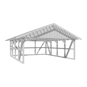 Weißer Skan Holz Carport Schwarzwald mit Dachlattung und Rückwand, Fachwerkbauweise.