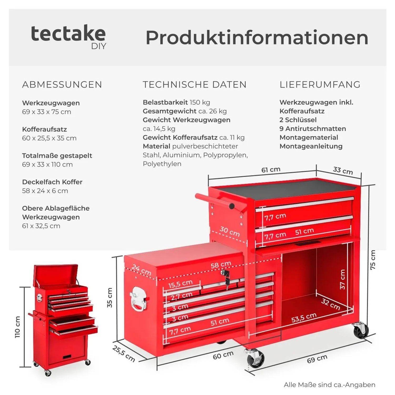 Tectake Werkzeugwagen  8 Kugelgelagerte Schubladen Mit Antirutschmatten Belastbarkeit 150 kg  69 x 33 x 110 cm Rot_6