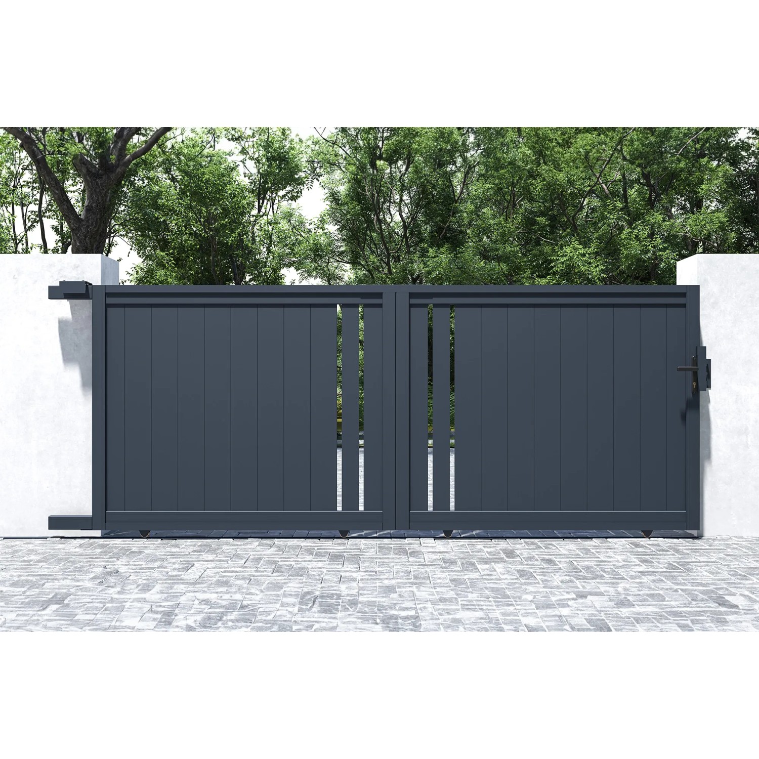 Graues Casanoov Schiebetor Giona (3,5 m) mit Pfosten. Modernes Gartentor aus Aluminium für den Außenbereich.