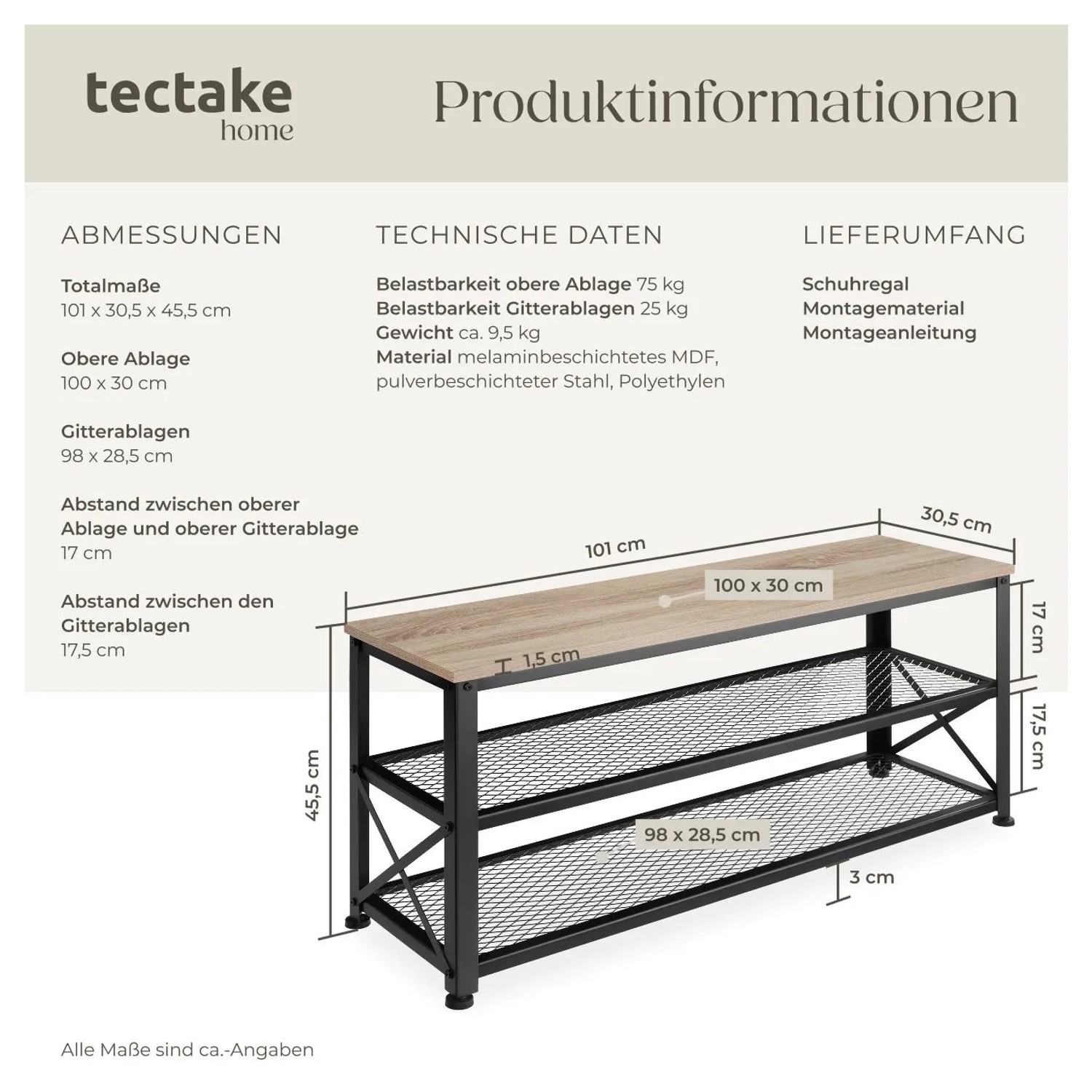 Tectake Schuhregal Blackpool Industrial Style Holz und Stahl 101 x 30 50 x 45 50 cm Industrial Holz Hell Eiche Sonoma_6
