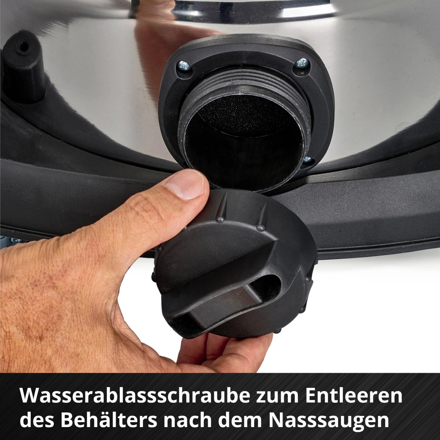 Detailaufnahme: Wasserablassschraube des Einhell TE-VC 36/30 Li-Solo Nass-Trockensaugers.