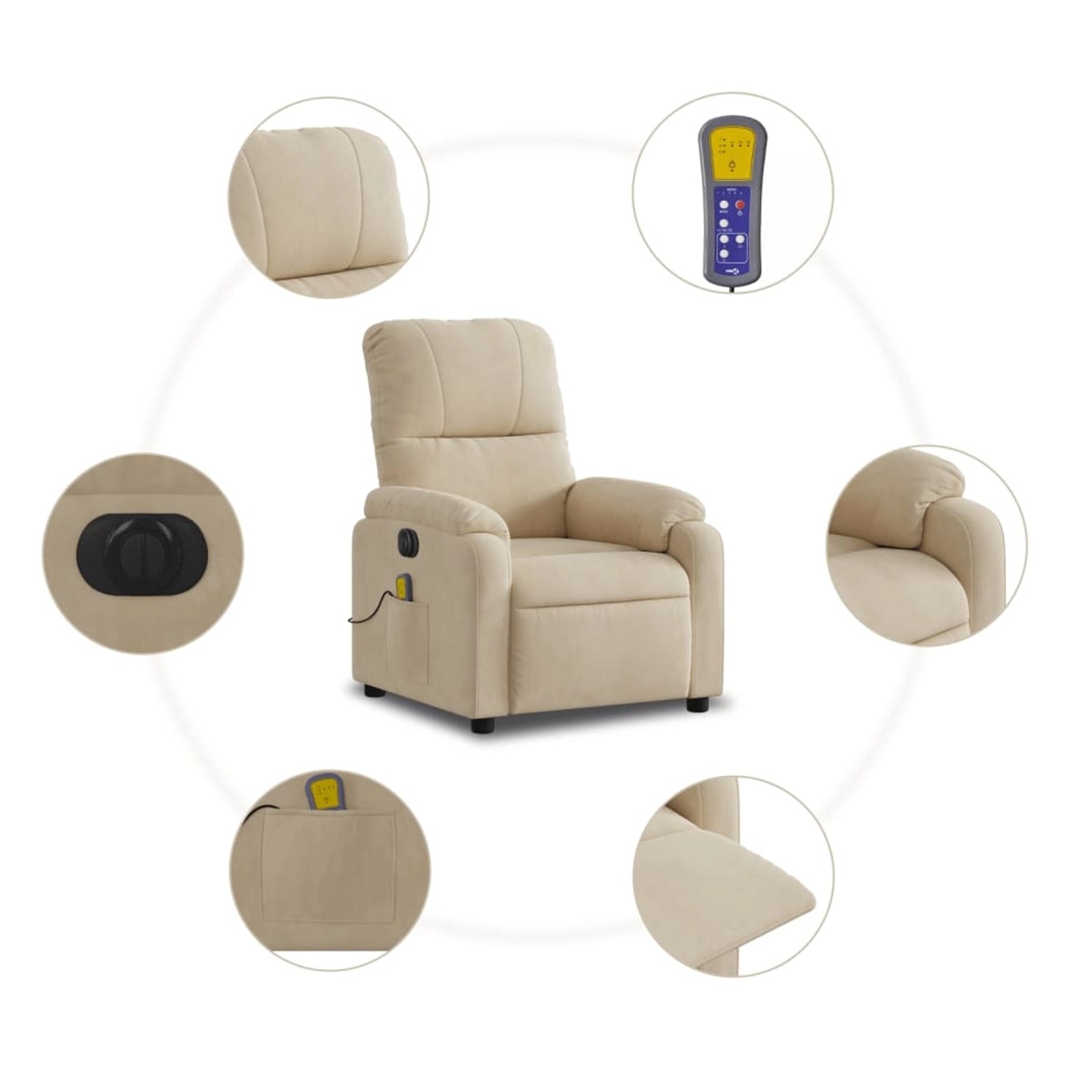 Elektrischer Massagesessel in Creme mit Mikrofaserbezug und Fernbedienung.