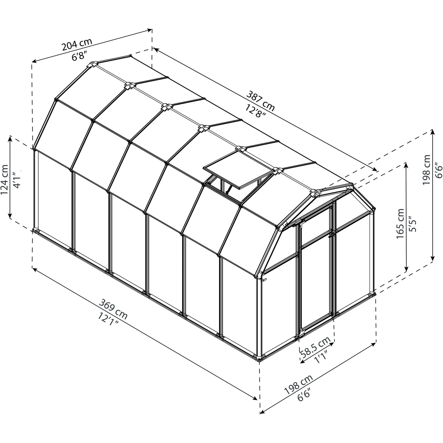 Draufsicht-Illustration: Palram Canopia Gewächshaus Grün 7,8 m² mit Maßangaben.