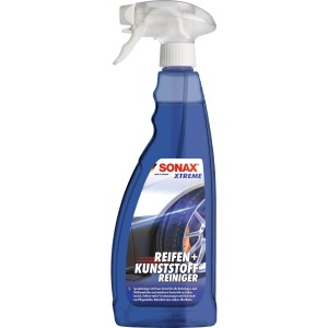 Sonax Xtreme Spezialreiniger für Reifen und Kunststoff, blaue Sprühflasche.