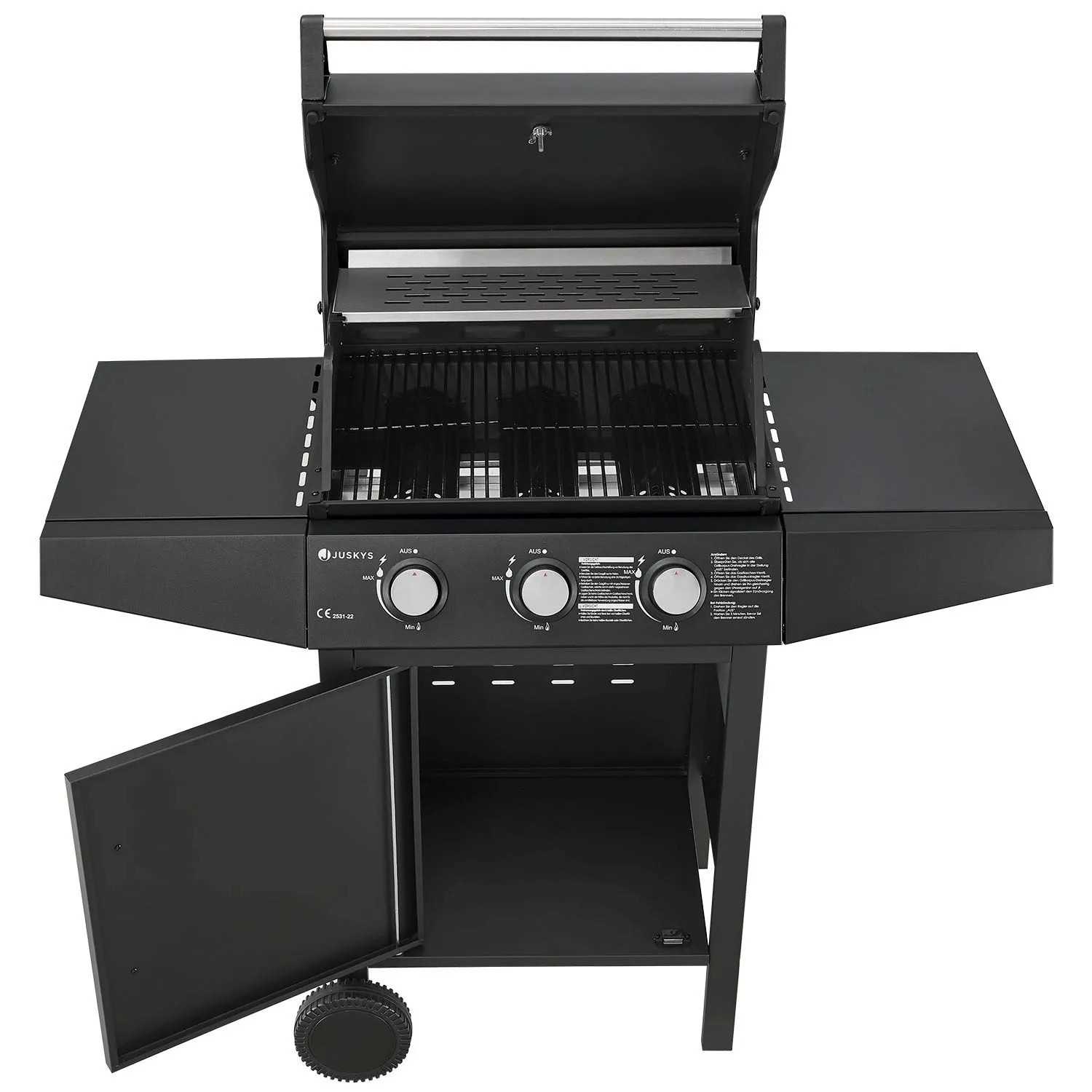 Juskys BBQ Gasgrill Louisiana mit 3 Brennern, Grillrost, Seitenablagen und offener Tür.