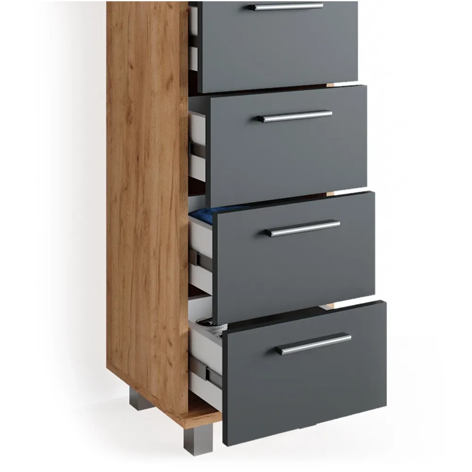 Vicco Badschrank Ilias in Eiche/Anthrazit (30x95 cm) mit fünf Schubladen für Badutensilien.