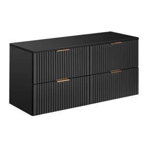 Schwarzer 120 cm Waschbeckenunterschrank Zevara im Art Déco Stil mit geriffelter Front und 4 goldenen Schubladen.