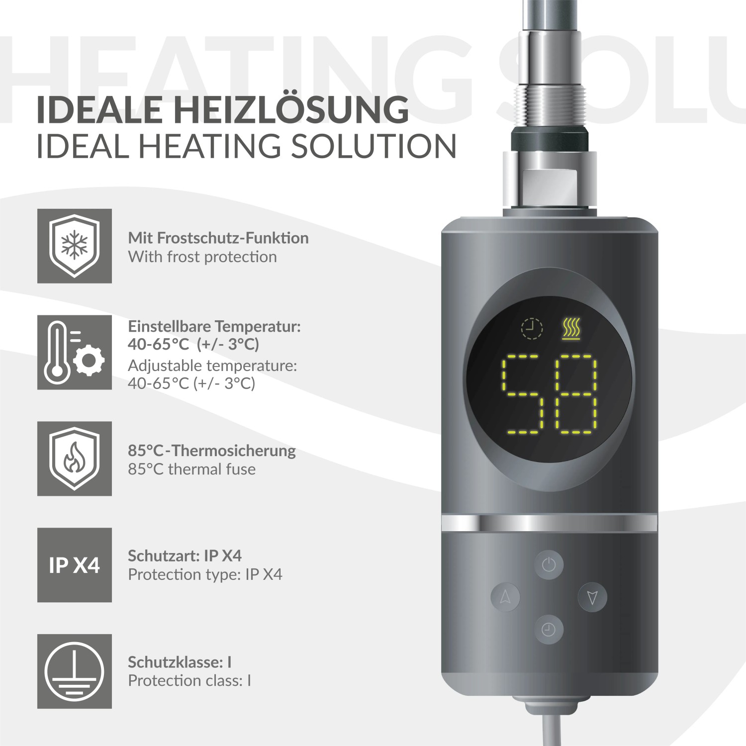 Anthrazit Heizstab 600W mit LCD Thermostat zur Temperaturregelung für elektrische Heizgeräte.