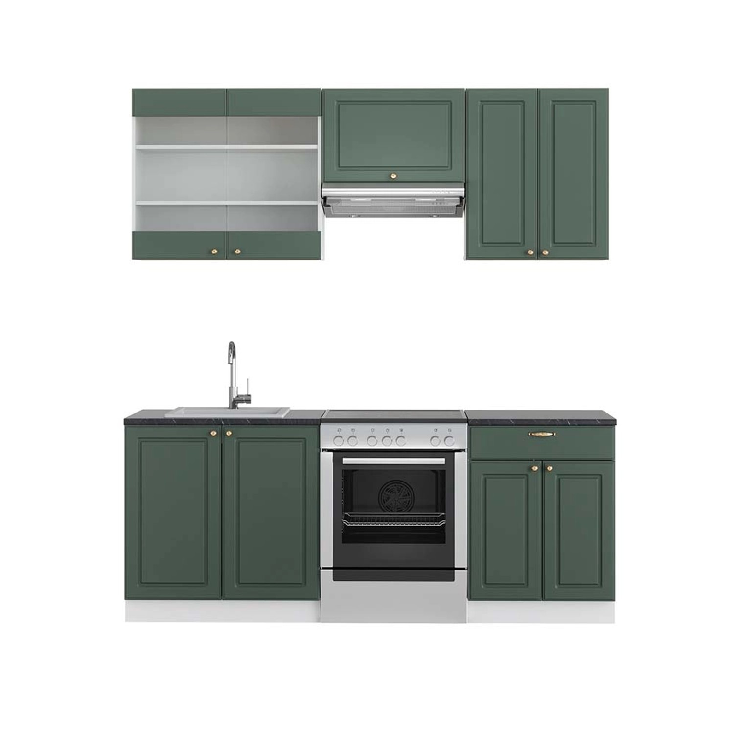 Vicco Fame-Line Küchenzeile Grün-Gold Landhaus/Weiß 200 cm AP Anthrazit günstig online kaufen