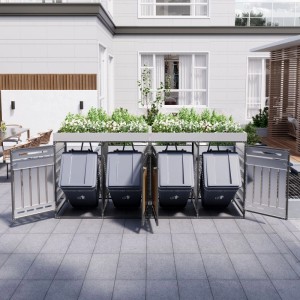Mülltonnenbox mit Pflanzkasten und Holzmaserung, 4er-Set für die Mülltrennung im Garten.
