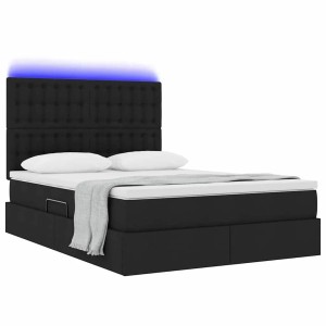 Schwarzes vidaXL Bett (140x200) mit LED-Lichtleisten und Stoffbezug.