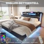 Graues Polsterbett 160x200 mit LED-Beleuchtung und USB-Anschluss, ohne Matratze.