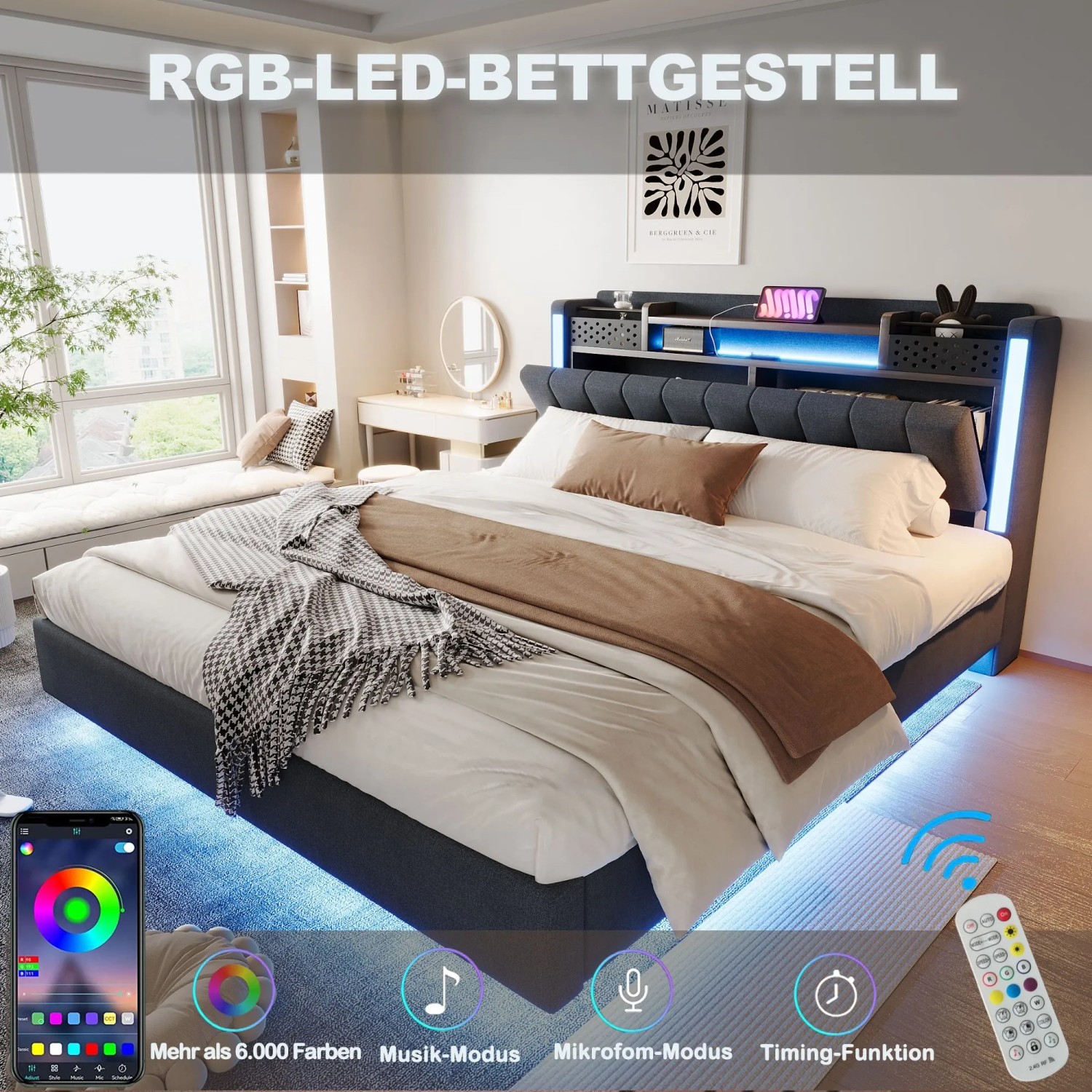 Graues Polsterbett 160x200 mit LED-Beleuchtung und USB-Anschluss, ohne Matratze.