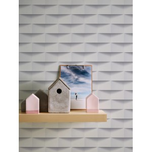 Vliestapete mit 3D-Effekt, geometrisches Muster in Weiß und Grau, matte Oberfläche.