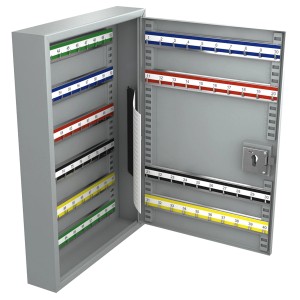 Grauer Basi Schlüsselschrank SS 100 PZ mit 100 Haken, offen. Tresor zur Schlüsselaufbewahrung.