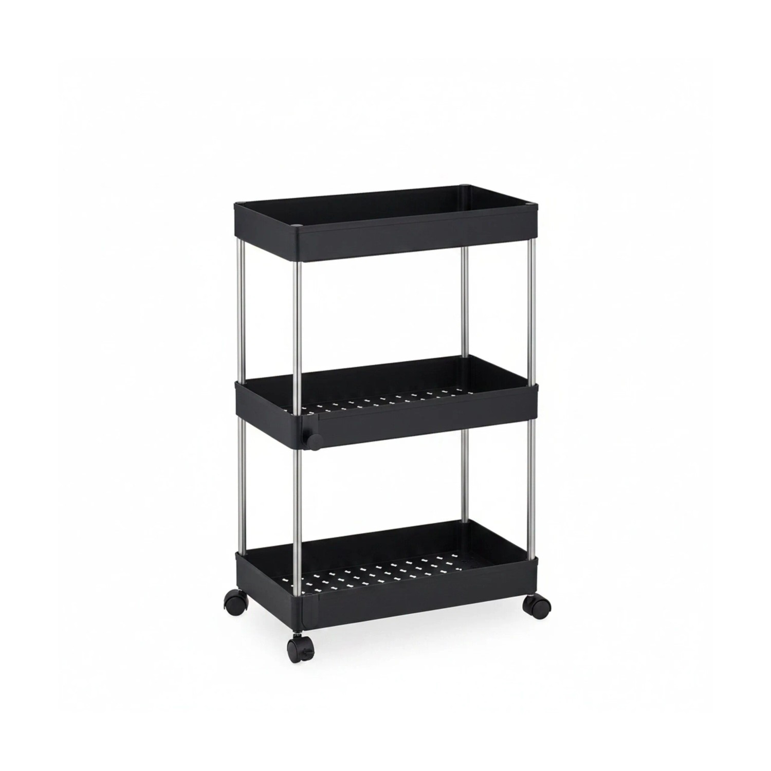 Relaxdays Nischenwagen 3 Ebenen Kunststoff Edelstahl Schwarz mit Rollen Feststellbar 62 cm x 41,5 cm x 23,5 cm 1,2 kg