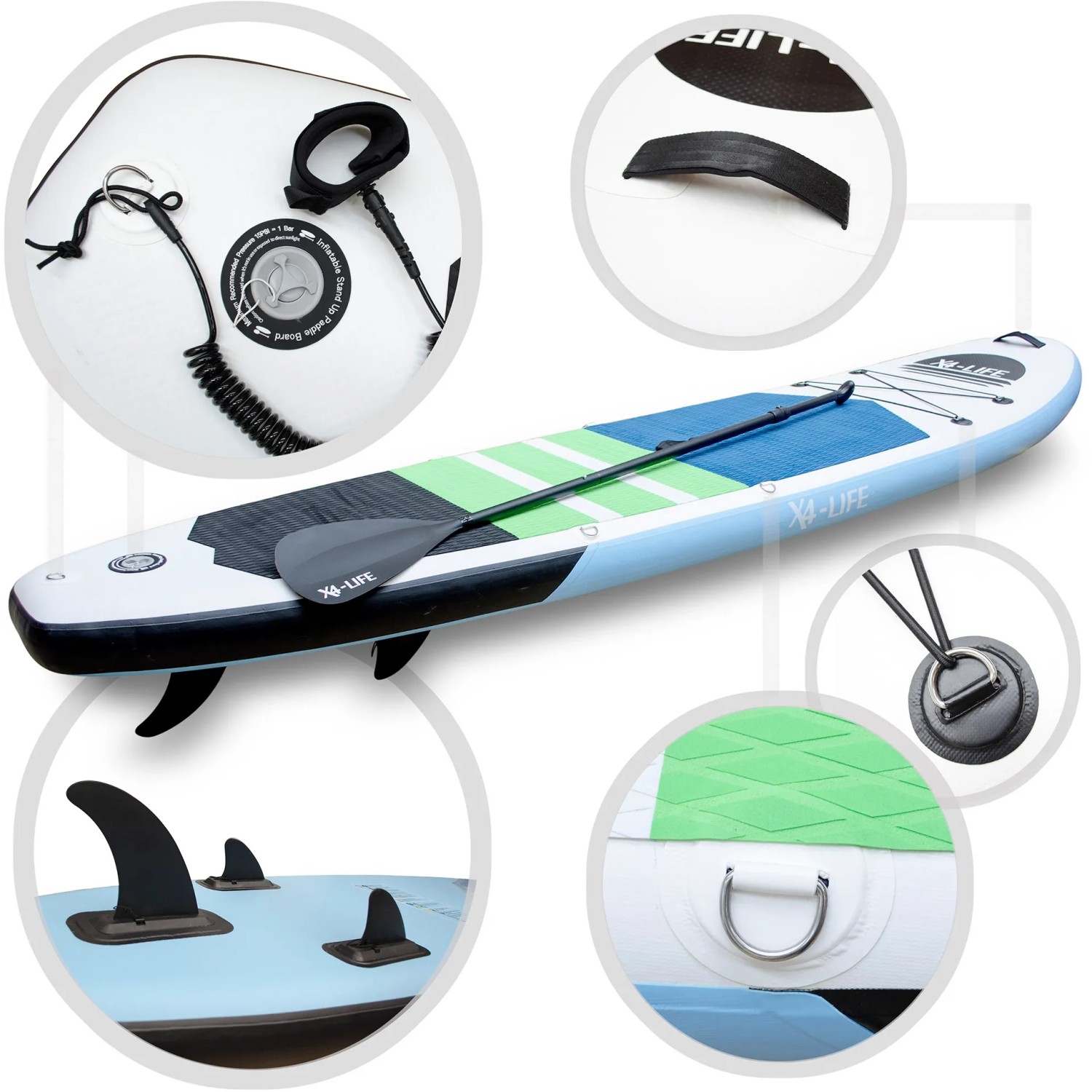 Aufblasbares X4-Life Stand Up Paddle Board mit Paddel und Zubehör.