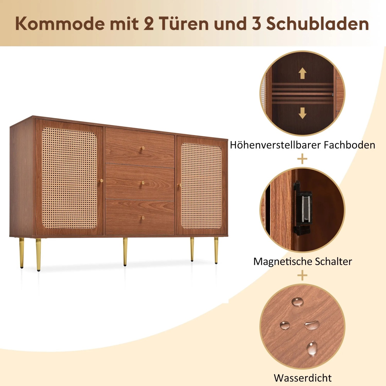 Nussbaum Rattan Kommode mit 2 Türen, 3 Schubladen, goldfarbenen Beinen und verstellbarem Fachboden.