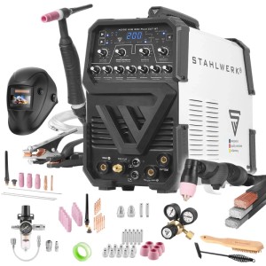 STAHLWERK Schweißgerät AC DC WIG 200 Puls CUT ST, weiß-schwarz, mit Schweißhelm, Brennern und Zubehör-Set.