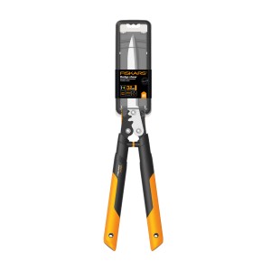 Fiskars Getriebe-Heckenschere PowerGear X HSX92, Hand-Heckenschere mit orange-schwarzen Griffen in Verpackung.