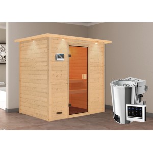 Karibu Sauna Selena mit Bio-Ofen und LED-Dachkranz aus Naturholz mit bronzierter Glastür.