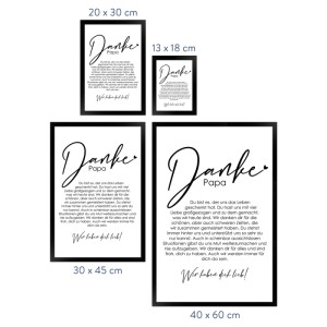 Gerahmtes "Danke Papa" Poster (40x60 cm) als Geschenkidee, mit schwarzem Rahmen.
