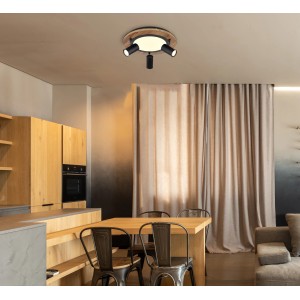 Globo LED-Deckenleuchte Kassu, 4-flammig, schwarz matt, Holzoptik, 400x180mm