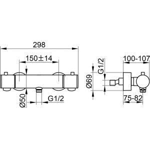 Technische Zeichnung der Keuco Plan Thermostatbatterie 54926, Aufputzmontage, mit Maßangaben.