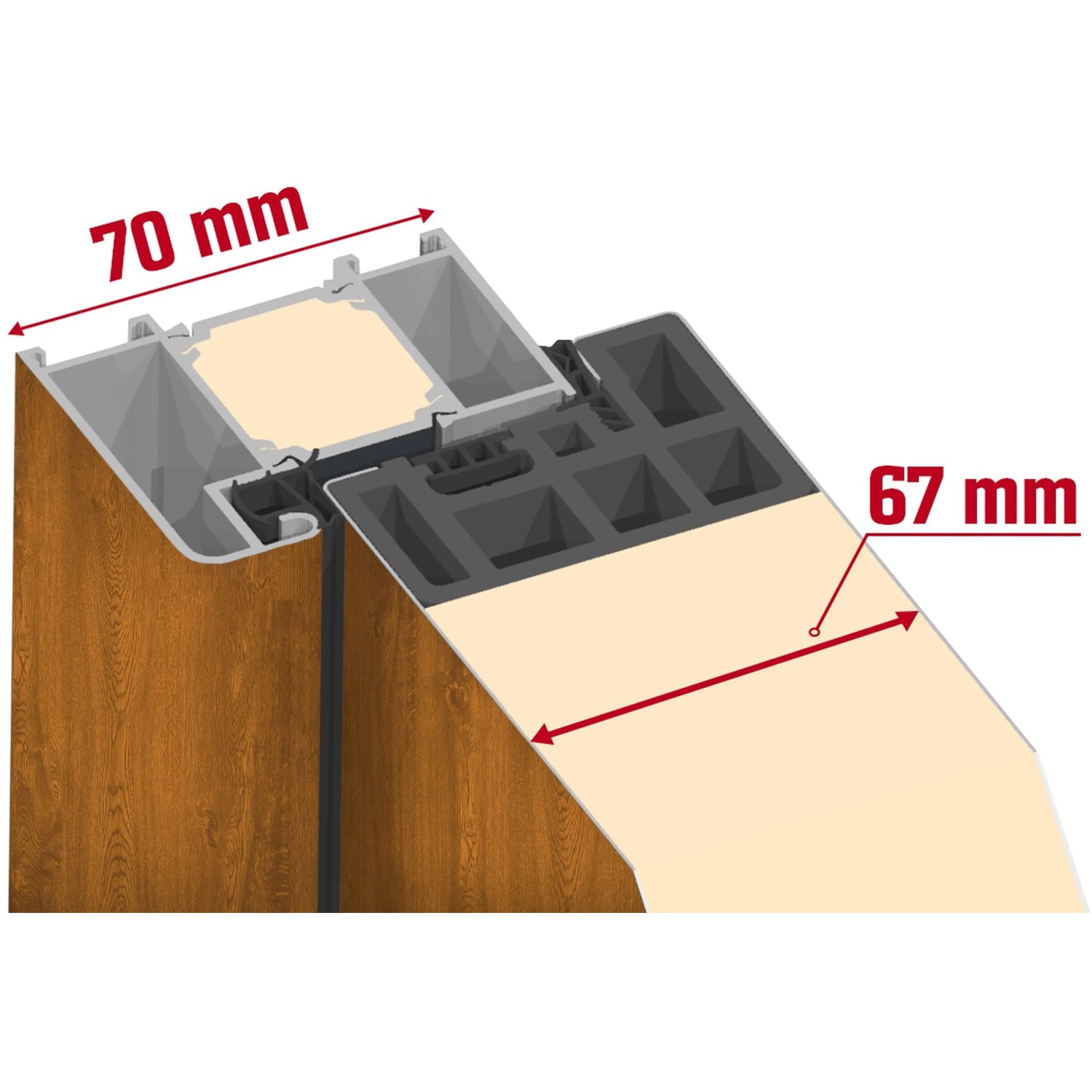 Detailansicht Splendoor Thermospace Haustür Berlin Prime: Bautiefe Türzarge 70 mm, Türblatt 67 mm.