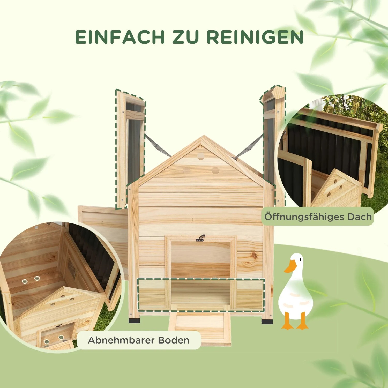 PawHut Entenstall aus Holz mit Kippdach und Doppeltür, leicht zu reinigen.