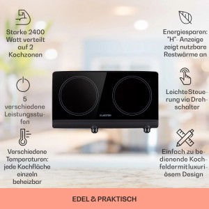 Schwarzes Klarstein Doppel-Kochfeld aus Glaskeramik mit 2 Kochzonen, 2400W und 5 Leistungsstufen.