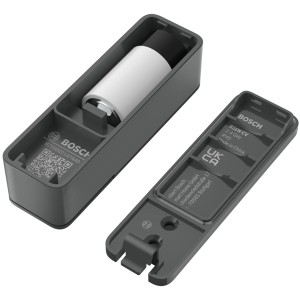 Bosch Smart Home Fenster-/Türsensor II Plus Anthrazit mit Batterie und Gehäuse offen.