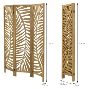 ML-Design Paravent Fukuoka, 3-teilig, 170x121cm, Naturholz mit Blattmuster, als Dekoartikel & Wohnaccessoire
