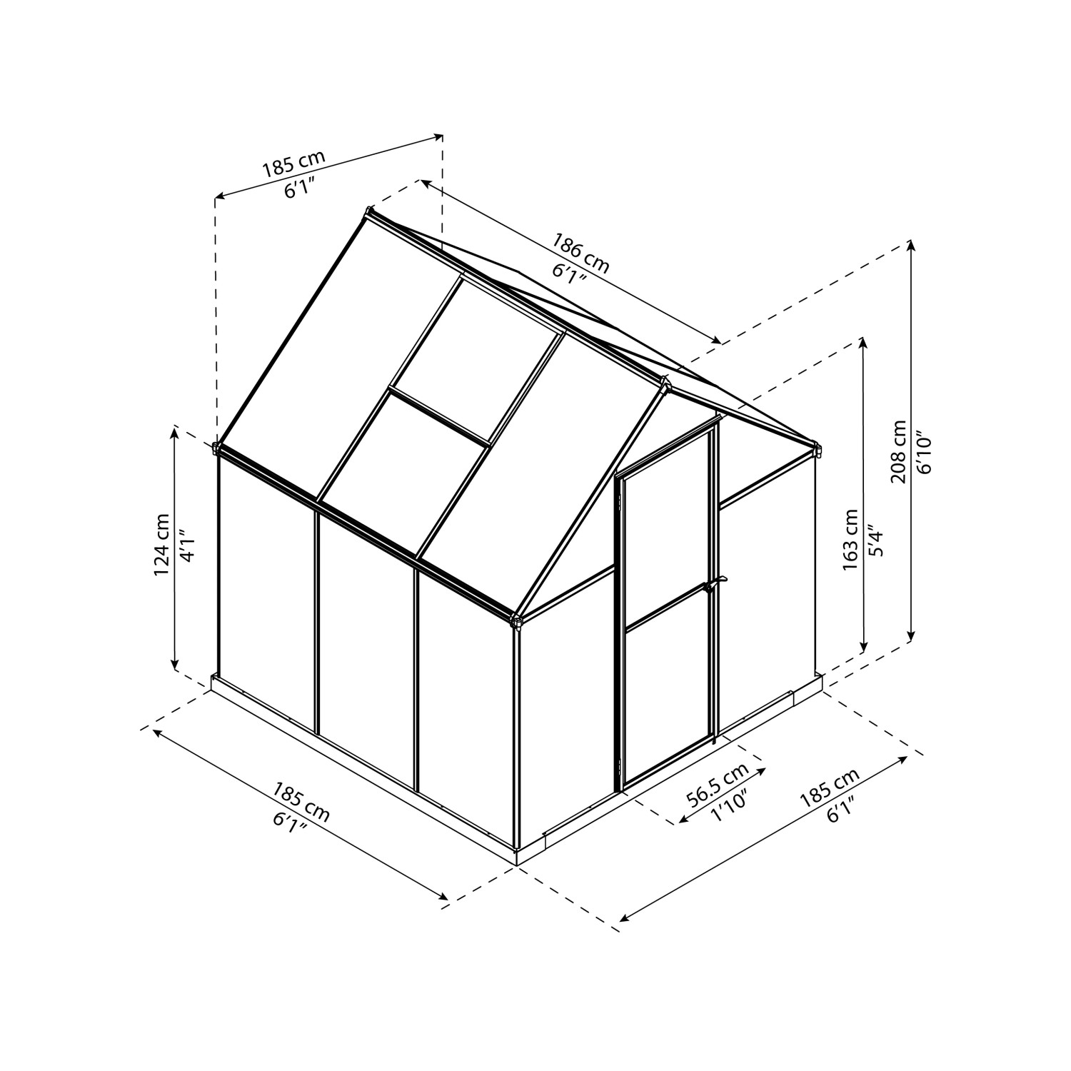 Skizze CANOPIA Gewächshaus 3,4 m² mit Maßangaben, inklusive Fundamentrahmen.