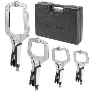 STAHLWERK 4-teiliges C-Form Gripzangen Set mit ergonomischen Griffen und Transportkoffer für Werkstatt & Baustelle.
