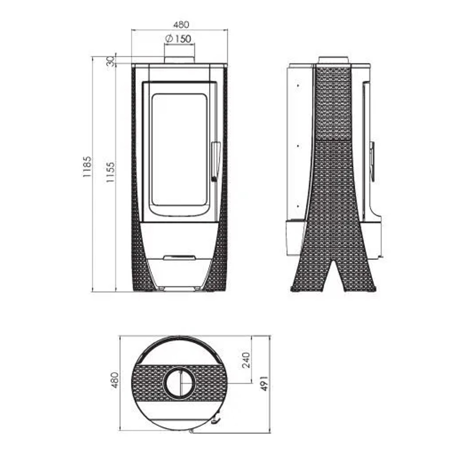 Technische Zeichnung Plamen Gusskaminofen NERA, Maße und Details des Kaminofens.