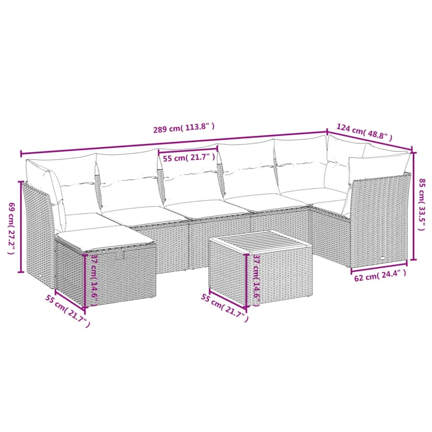 Graue 9-teilige Garten-Sofagarnitur aus Polyrattan mit Kissen und Tisch. Gartenmöbel für Terrasse und Garten.