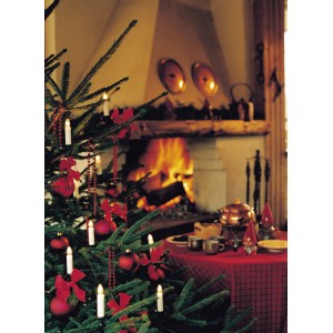 Weihnachtsbaum mit Konstsmide Lichterkette (16 warmweiße Birnen), roten Kugeln und Schleifen vor Kamin.