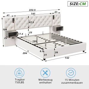 PXloue Polsterbett Doppelbett mit LED und Stauraum für Schlafzimmer Beige 140x200